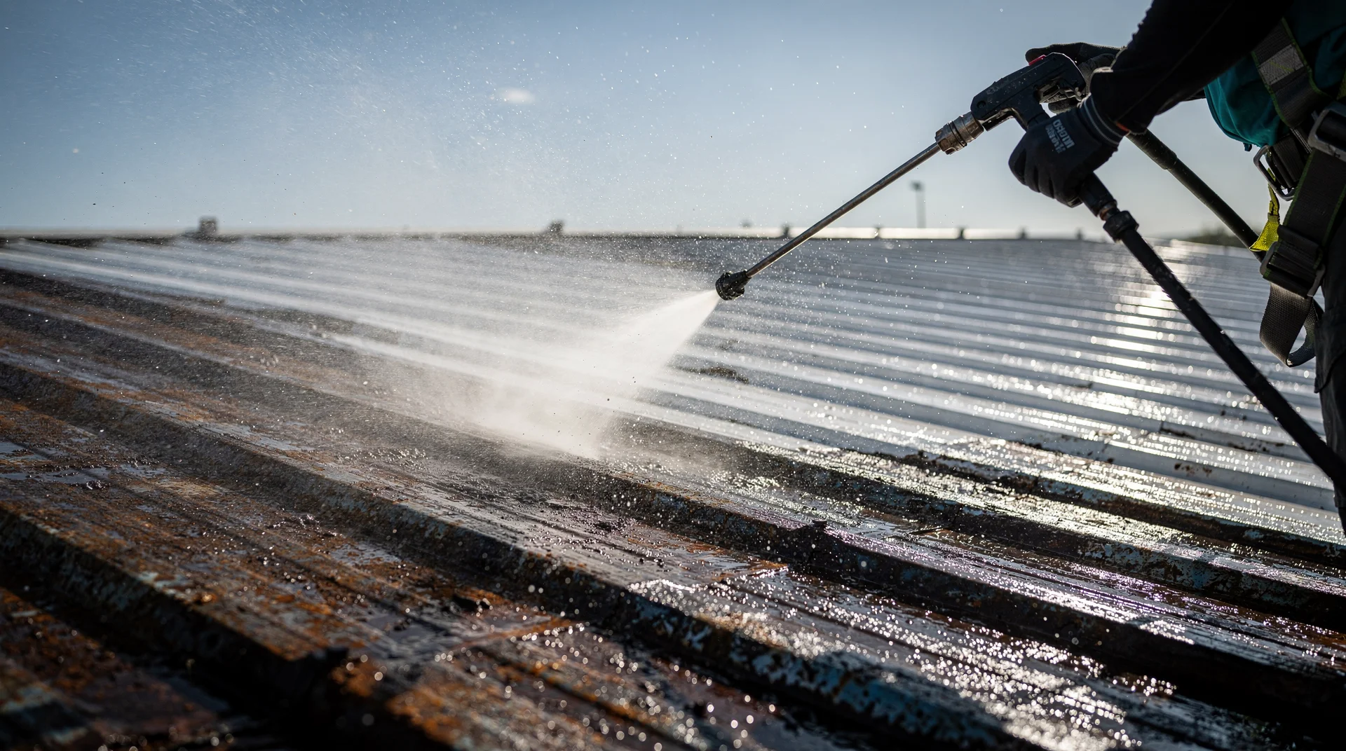 Nettoyage haute pression d'un toit en bac acier avant application cool roof