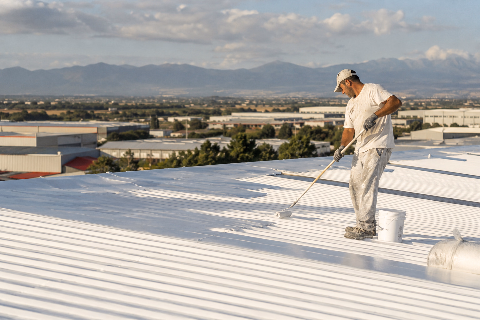 Vue aérienne d&#39;une toiture bac acier d&#39;entrepôt recouverte d&#39;un revêtement cool roof blanc sous le soleil, zone industrielle de la plaine du Roussillon