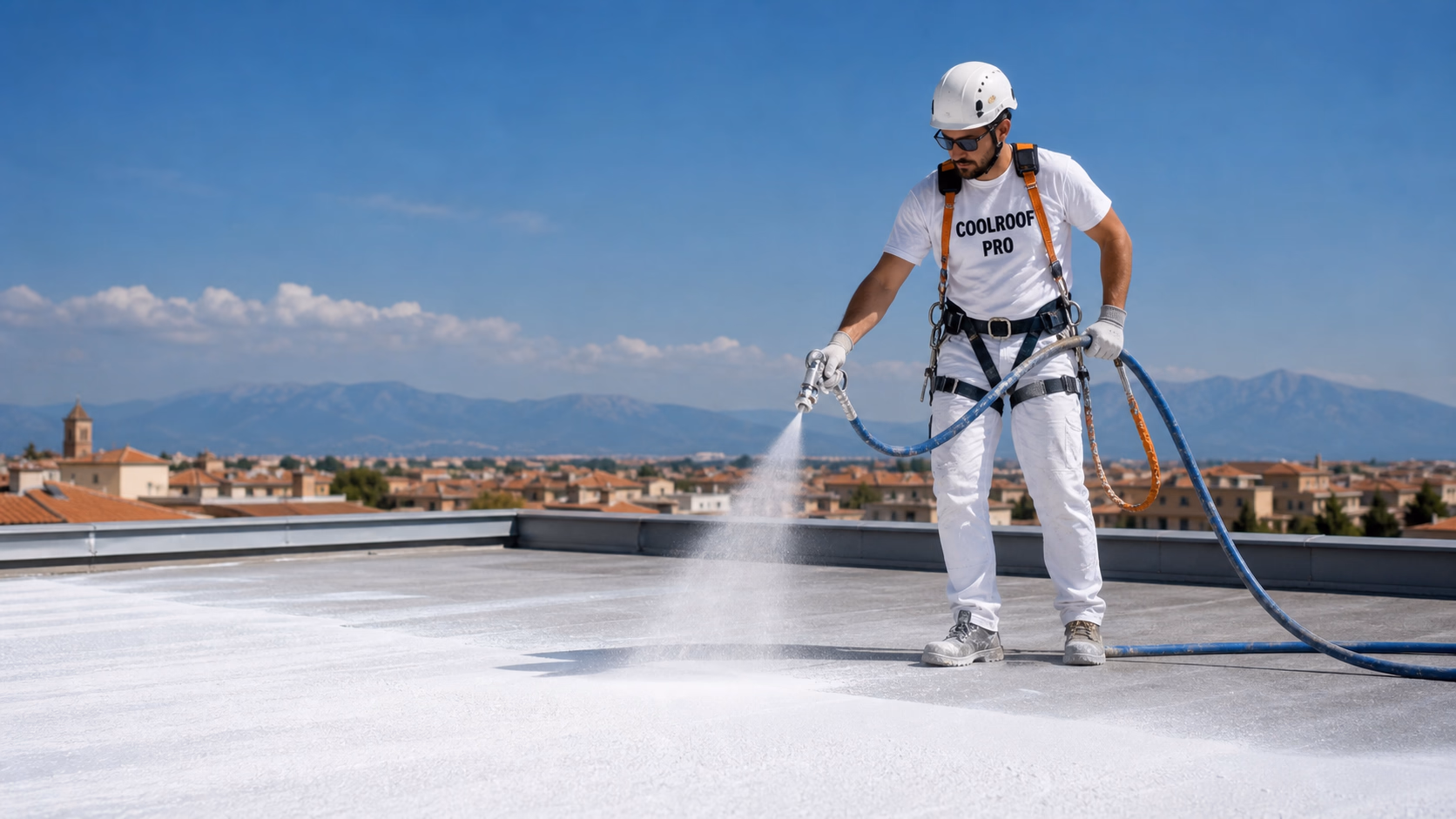 Technicien appliquant au rouleau un revêtement cool roof blanc sur une toiture bac acier ondulée, ciel bleu méditerranéen