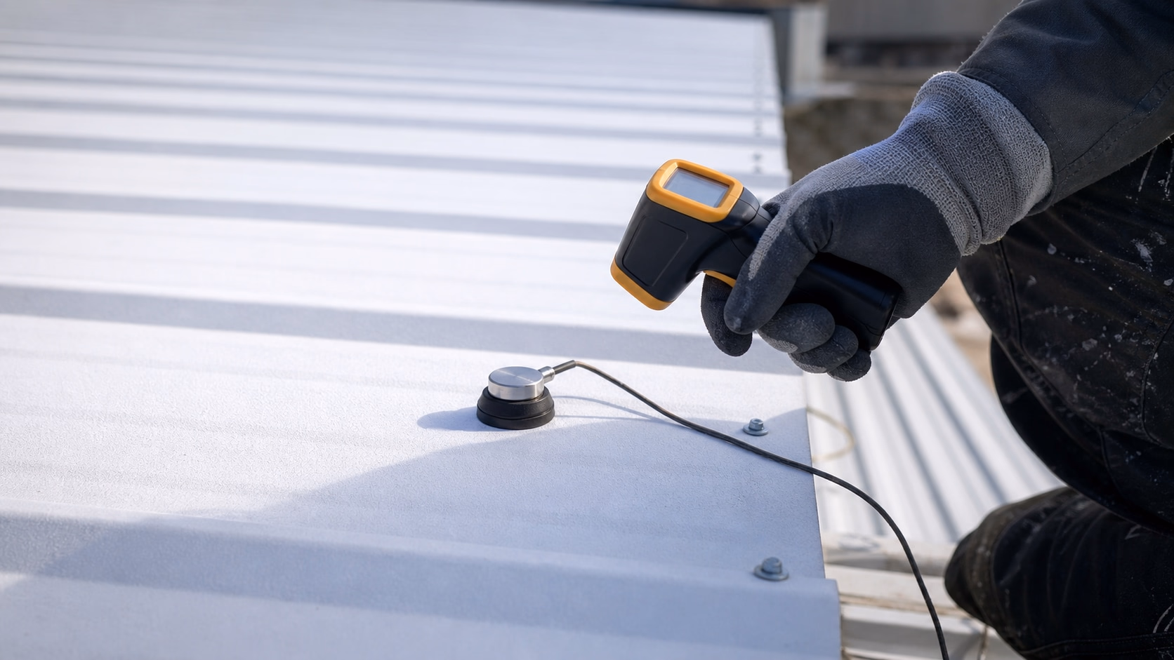Sonde de contact posée sur une tôle bac acier blanche pour mesurer la température de surface, main d'un technicien tenant un thermomètre