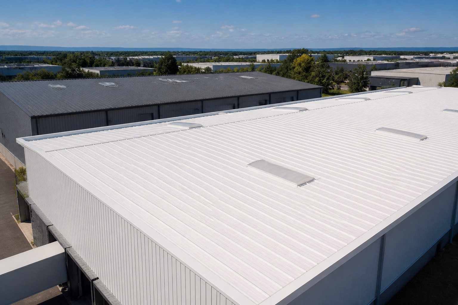 Toiture bac acier blanche d&#39;un entrepôt logistique sous un ciel d&#39;été, contraste avec un hangar voisin à toit gris foncé