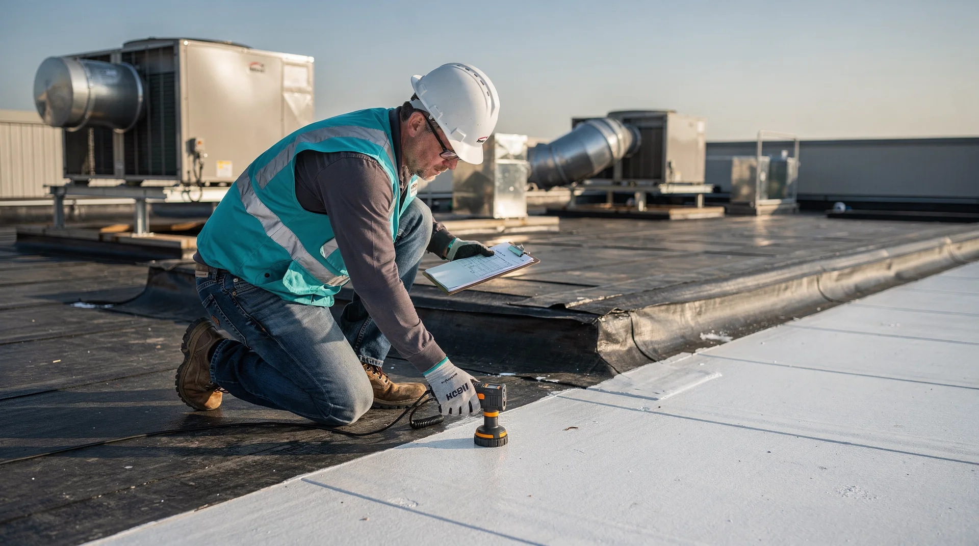 Inspecteur professionnel examinant la jonction entre etancheite et cool roof sur un toit