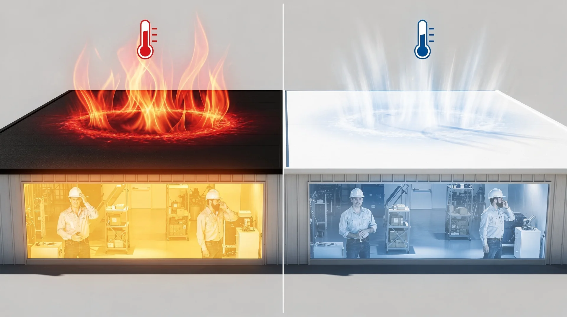 Comparaison visuelle entre un toit sombre absorbant la chaleur et un toit cool roof reflechissant les rayons