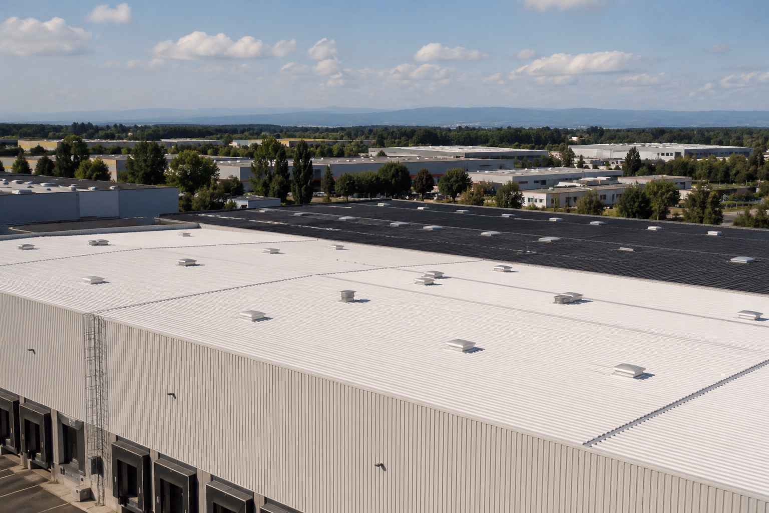 Toiture bac acier blanche d&#39;un entrepôt logistique en zone industrielle toulousaine sous un ciel d&#39;été, contraste avec une toiture sombre voisine