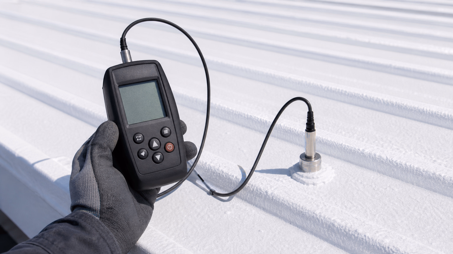 Sonde de contact thermique posée sur une toiture bac acier, écran affichant la température de surface