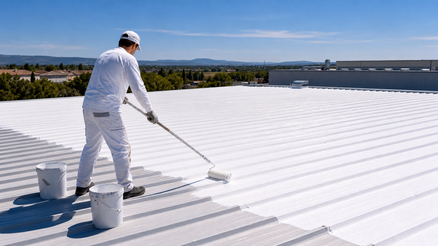 Toiture bac acier d&#39;un entrepôt industriel peinte en blanc cool roof sous un ciel d&#39;été, applicateur au rouleau en arrière-plan