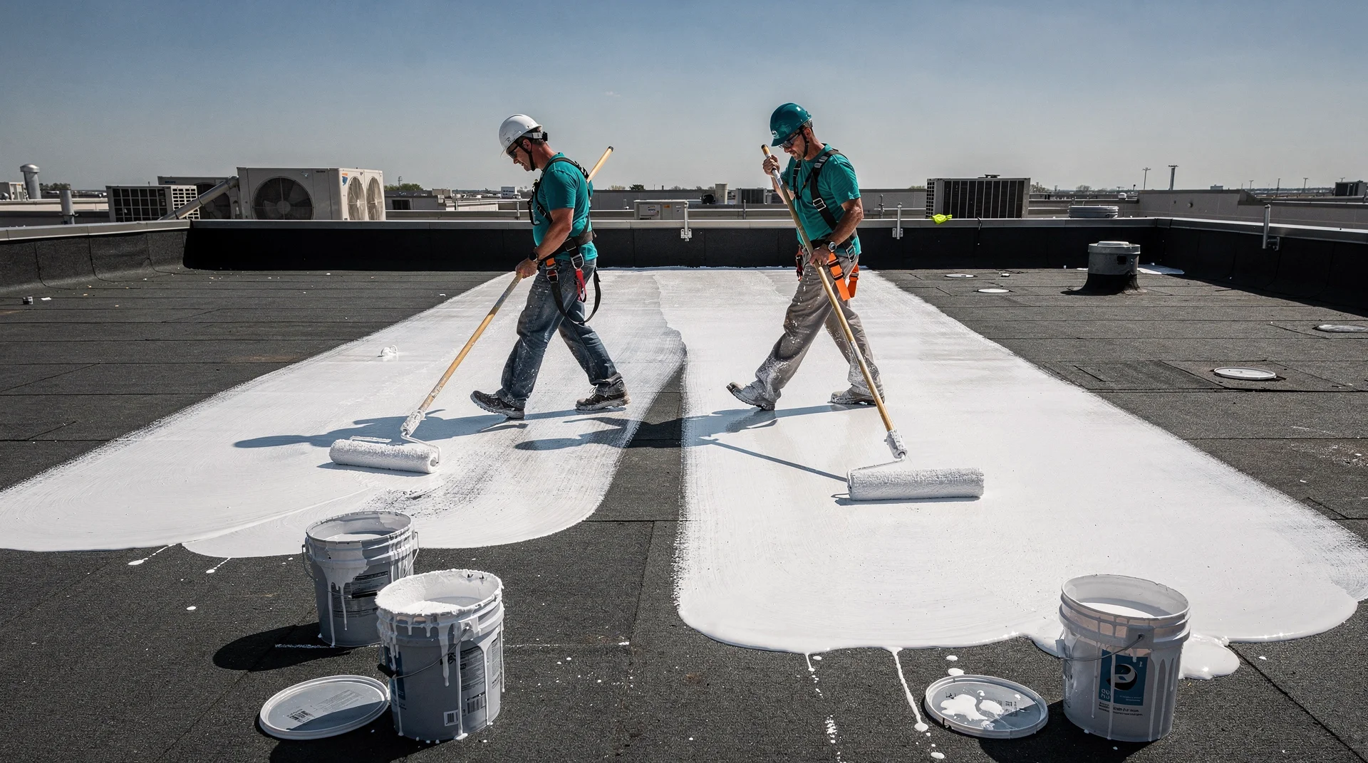 Ouvriers appliquant la peinture cool roof au rouleau sur une toiture terrasse bitumineuse