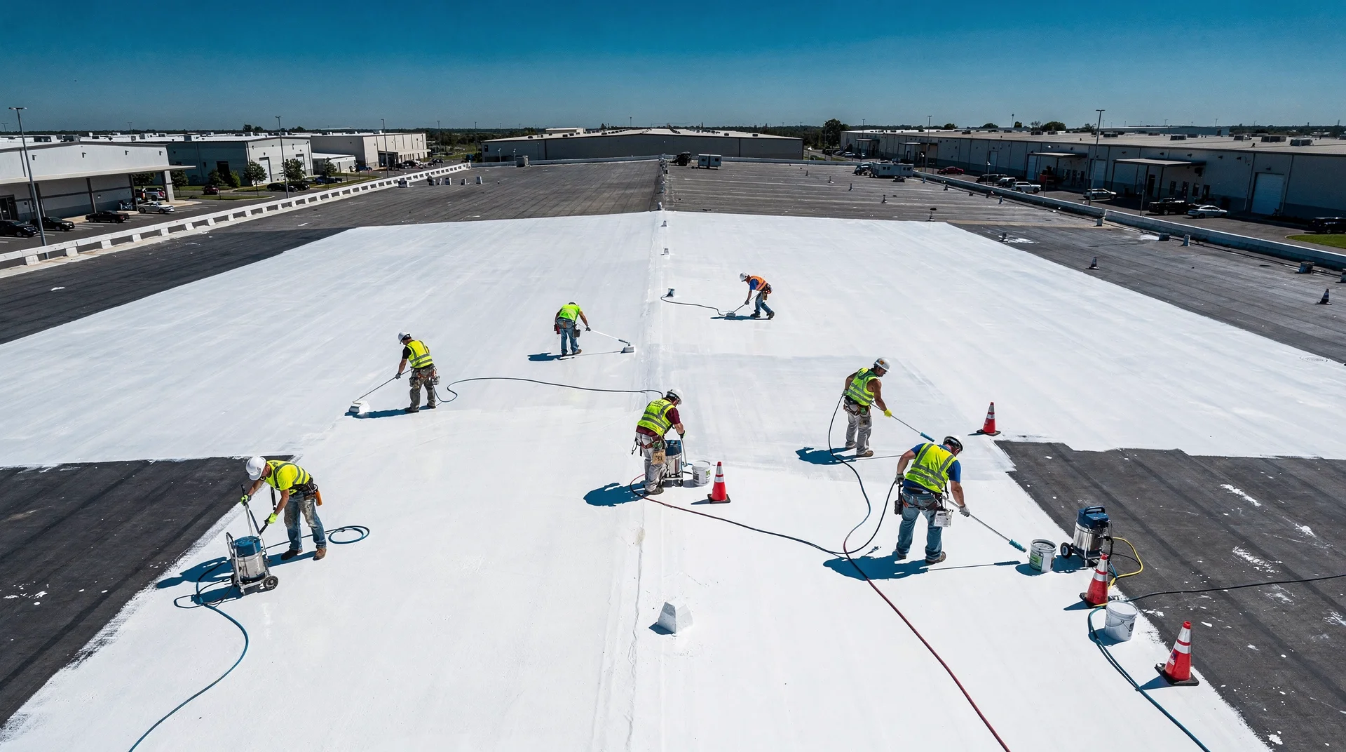 Application de peinture cool roof sur un toit industriel en Occitanie