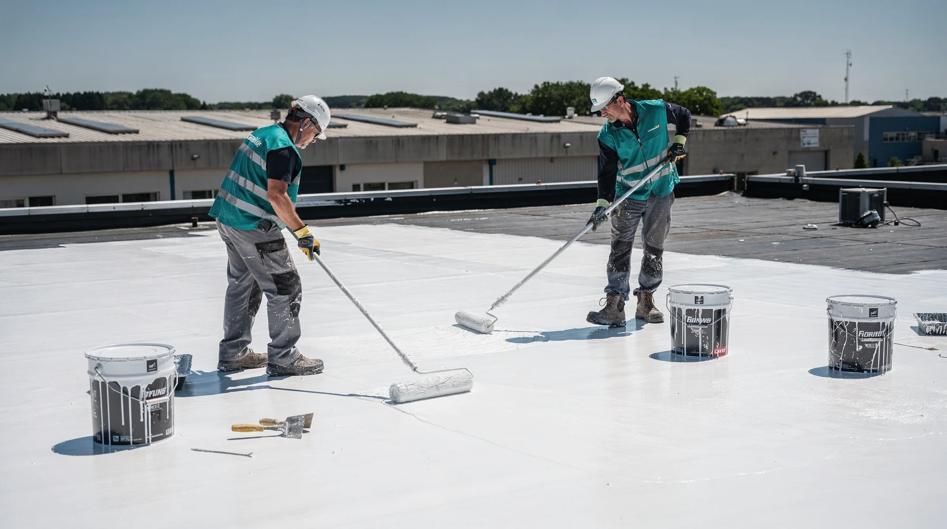 Ouvriers professionnels appliquant la peinture cool roof sur un toit